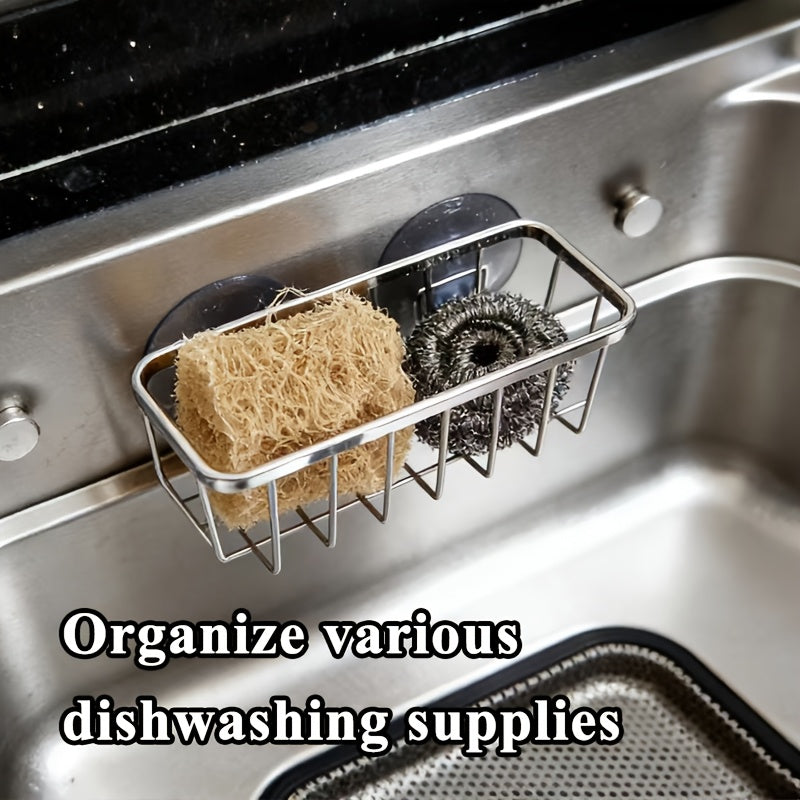 Stainless Steel Kitchen Sponge Holder, Double Suction Cup Creative Storage Basket for Kitchen and Bathroom, Dishwashing Sink Rag Holder, Multi-functional Storage Basket for Toilet Shelf
