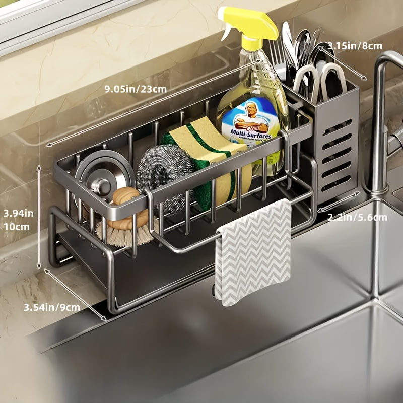 Stainless Steel Kitchen & Bathroom Organizer with Drainage - Multi-Purpose Storage Rack for Spices, Toothbrushes, Soap, and Cleaning Supplies, Includes Drainage Bucket for Sink Organization, Kitchen Sink Organizer