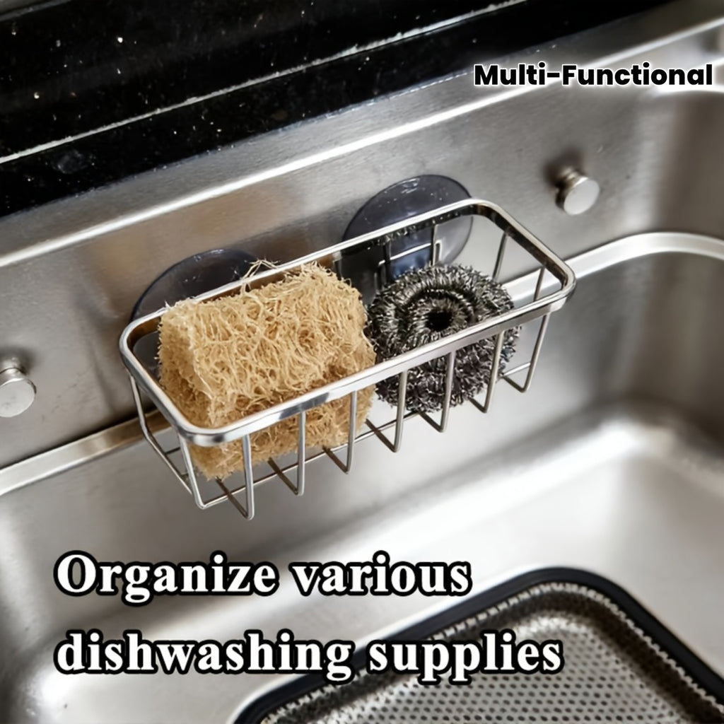 Stainless Steel Kitchen Sponge Holder, Double Suction Cup Creative Storage Basket for Kitchen and Bathroom, Dishwashing Sink Rag Holder, Multi-functional Storage Basket for Toilet Shelf