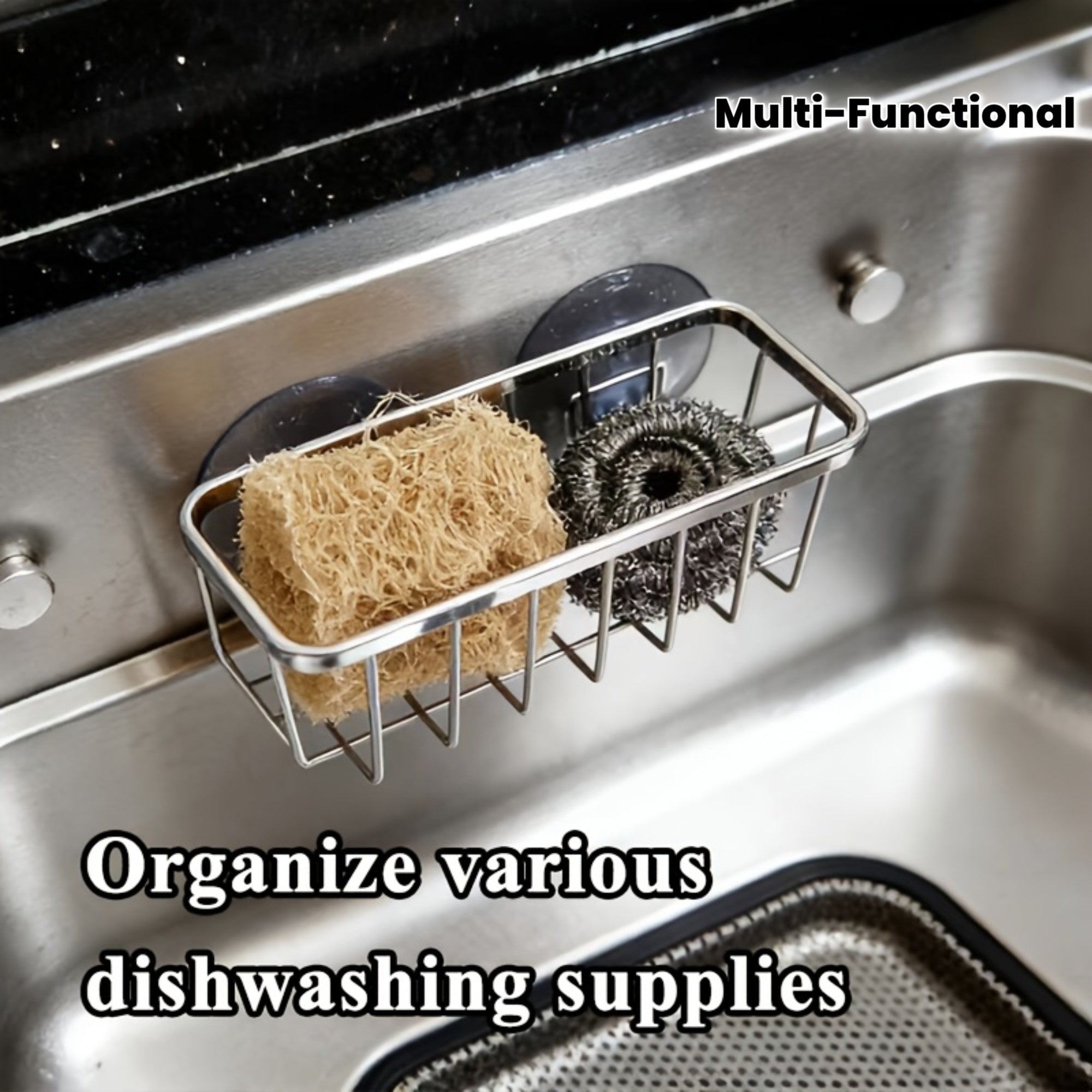 Stainless Steel Kitchen Sponge Holder, Double Suction Cup Creative Storage Basket for Kitchen and Bathroom, Dishwashing Sink Rag Holder, Multi-functional Storage Basket for Toilet Shelf