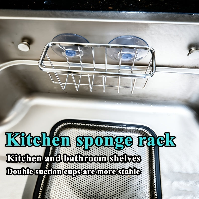 Stainless Steel Kitchen Sponge Holder, Double Suction Cup Creative Storage Basket for Kitchen and Bathroom, Dishwashing Sink Rag Holder, Multi-functional Storage Basket for Toilet Shelf
