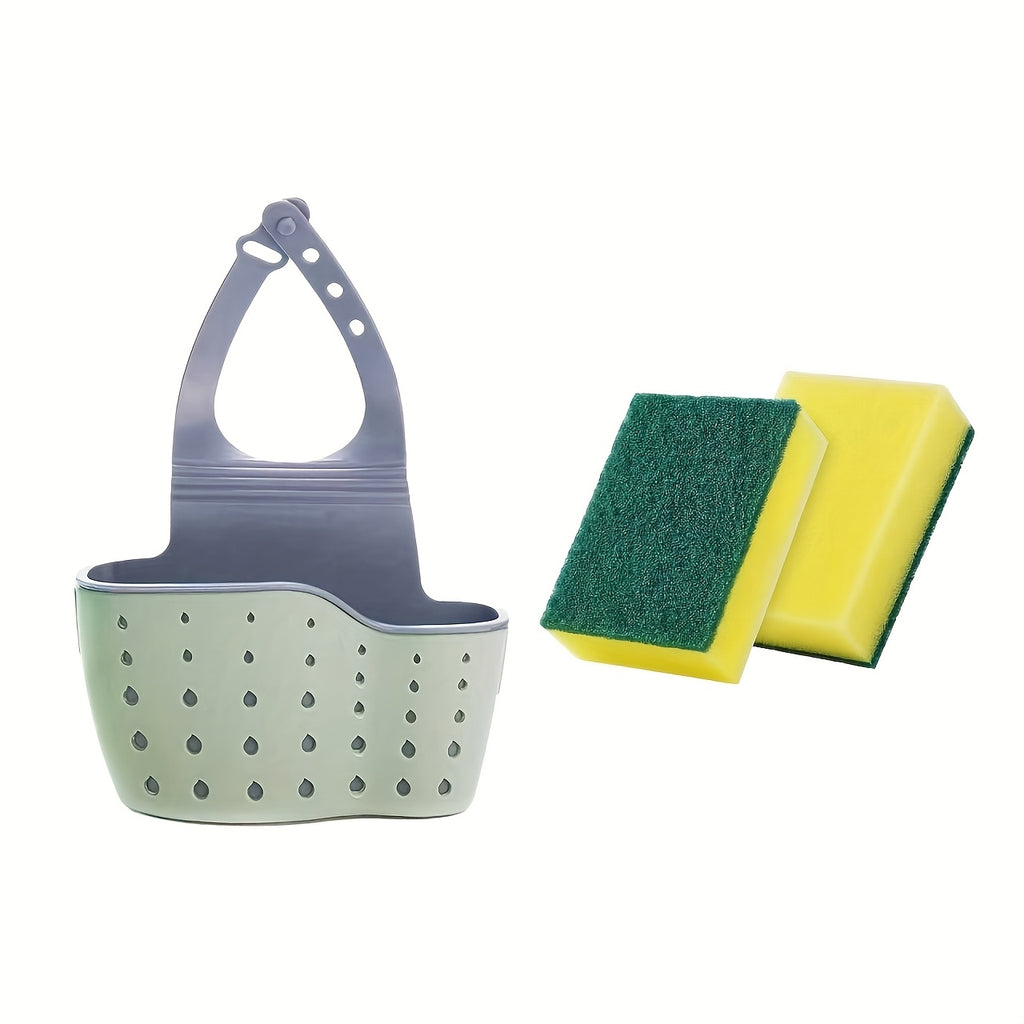 3pcs Set(1 Adjustable Sink Tray+ 2 Cleaning Sponges)- Multifunctional Kitchen Storage Rack, Suitable for Sponges and Supplies, No Batteries Needed
