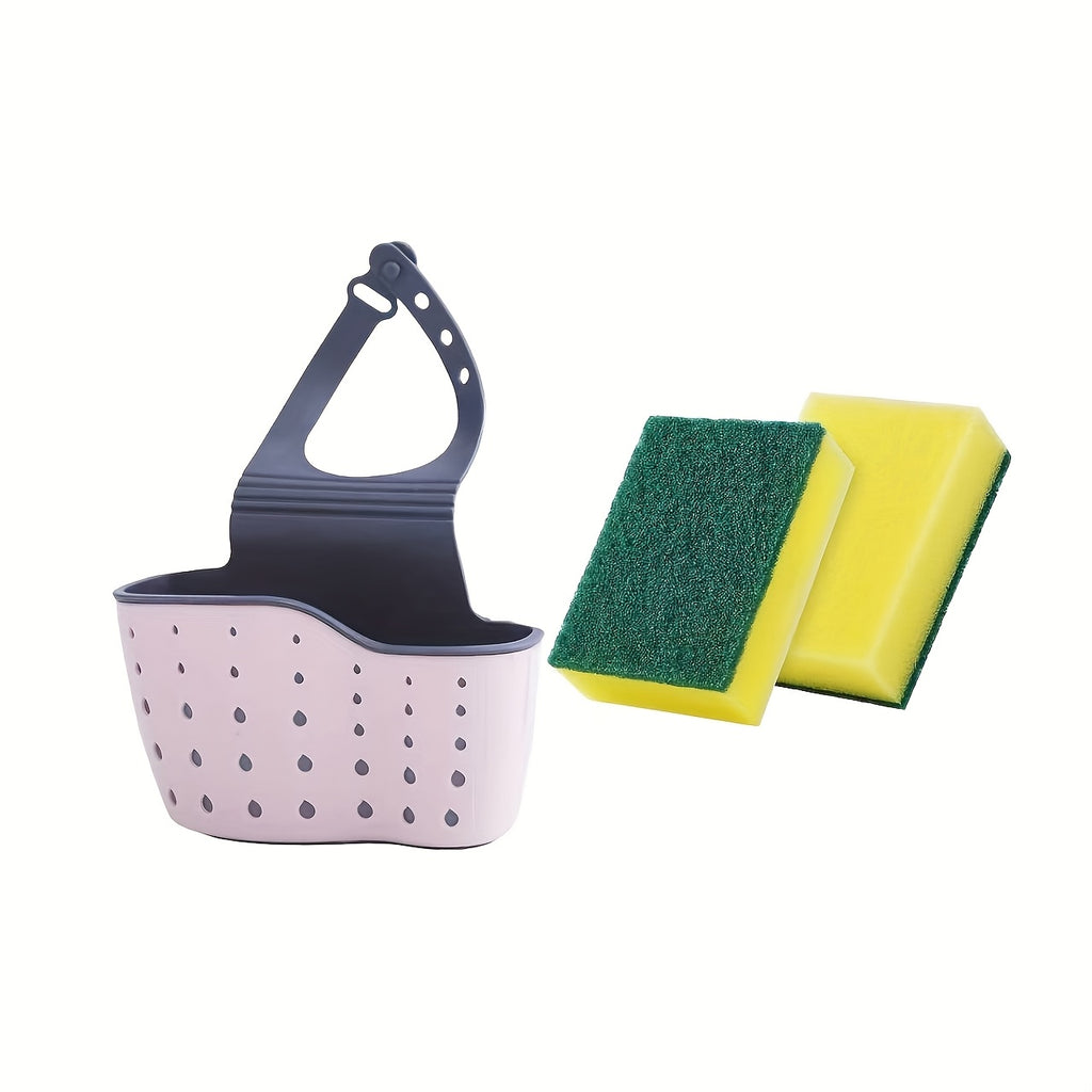 3pcs Set(1 Adjustable Sink Tray+ 2 Cleaning Sponges)- Multifunctional Kitchen Storage Rack, Suitable for Sponges and Supplies, No Batteries Needed