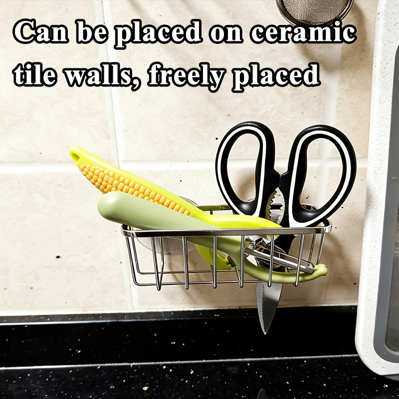 Stainless Steel Kitchen Sponge Holder, Double Suction Cup Creative Storage Basket for Kitchen and Bathroom, Dishwashing Sink Rag Holder, Multi-functional Storage Basket for Toilet Shelf